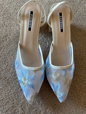 Women's Cream Slingback Mules with Blue Floral Embroidery